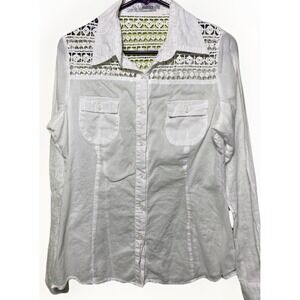 Milla Womens White Long Sleeve Crochet Lace Yoke Button Down Shirt Size‎ L